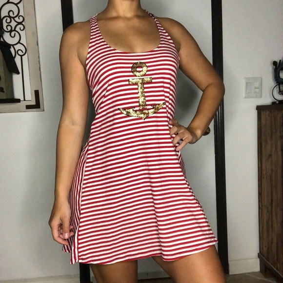 Sperry Red Striped Nautical Dress | Size M | Gold Sequin Anchor Cruise Outfit - Picture 1 of 6